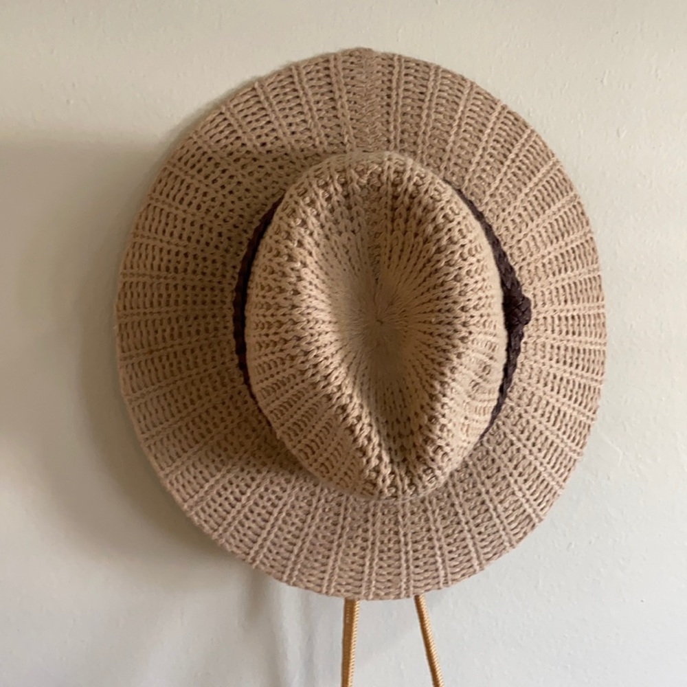Woven Tan Fedora Hat with Brown Braided Strap
